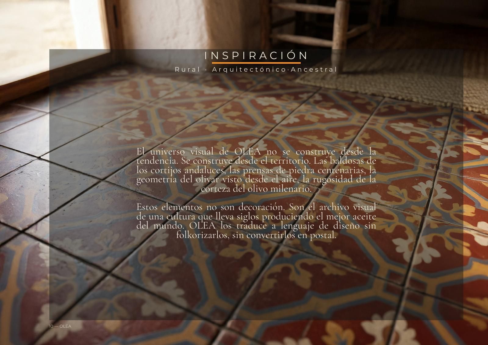 Inspiration: cortijo floors and olive-grove geometry.